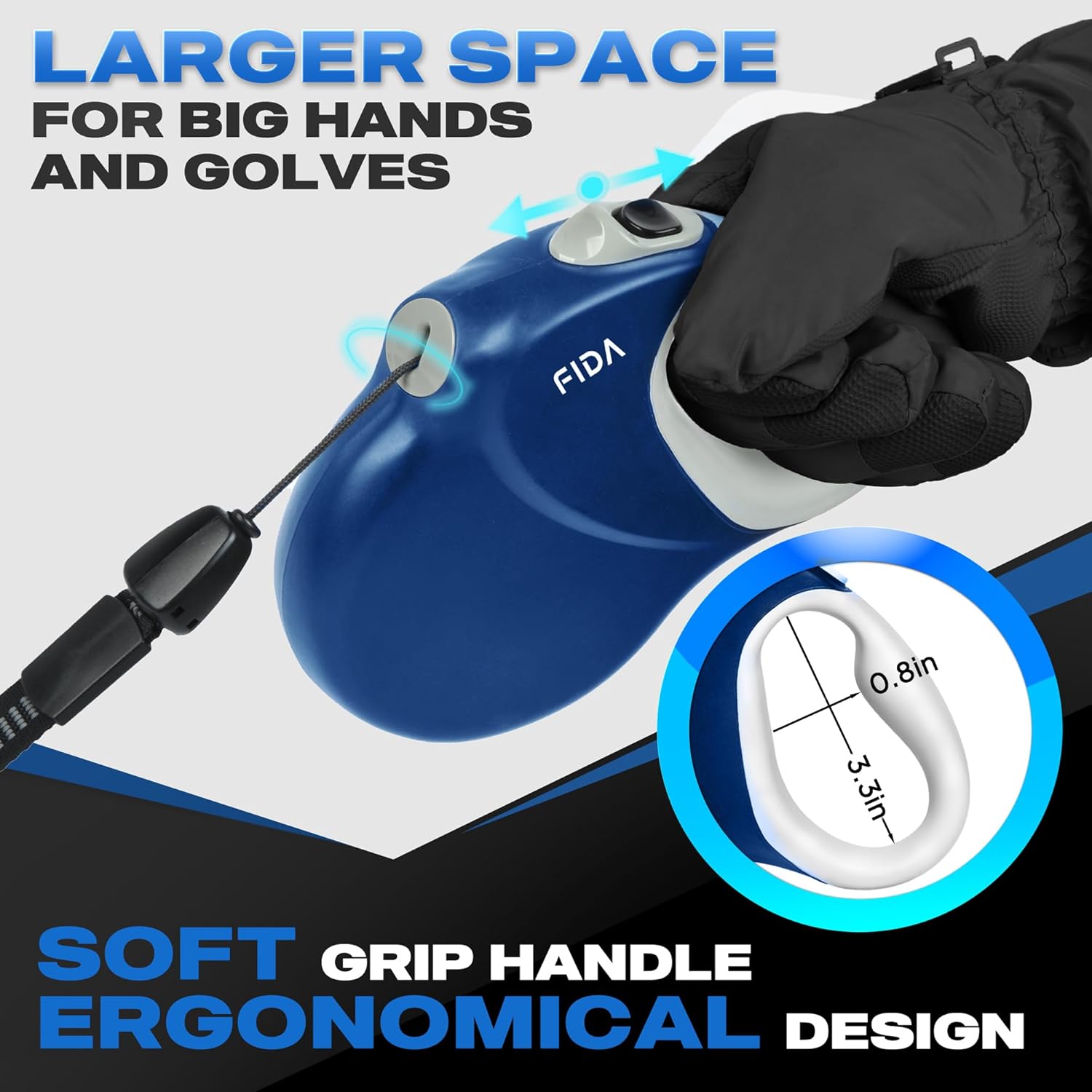 Fida 30ft Upgraded Retractable Dog Leash, Heavy Duty Pet Walking Leash for Medium/Large Breed up to 110 lbs, 360° Tangle-Free Long Retract Dog Lead, Soft Grip, One-Hand Brake, Blue - Image 5