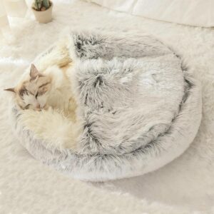 Cat Bed Round Fluffy Hooded Cat Bed...